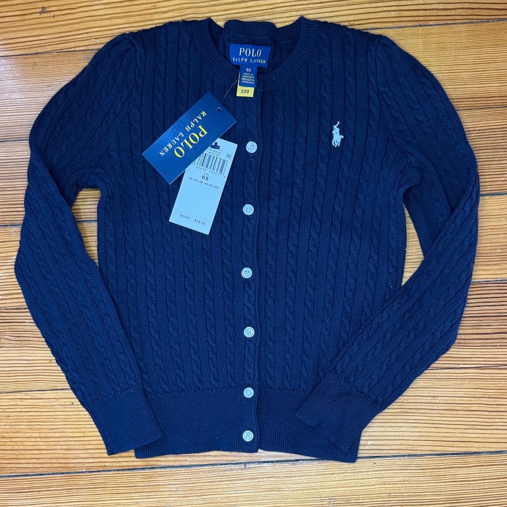 Polo by Ralph Lauren Girls Navy Cable Knit Cardigan 6X NWT